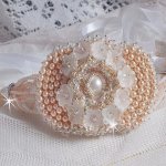 Bouquet d'un Jour bracelet embroidered with Swarovski pearls, Lucite flowers, ribbons and quality seed beads